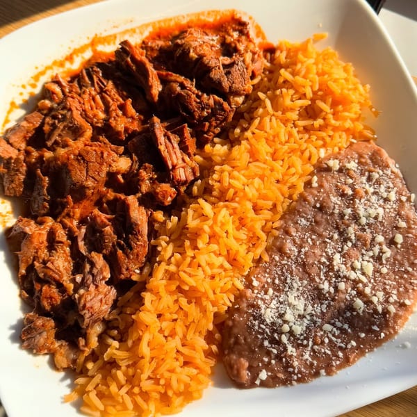 Close-up of a plate with shredded beef in red sauce, orange rice, and refried beans.
