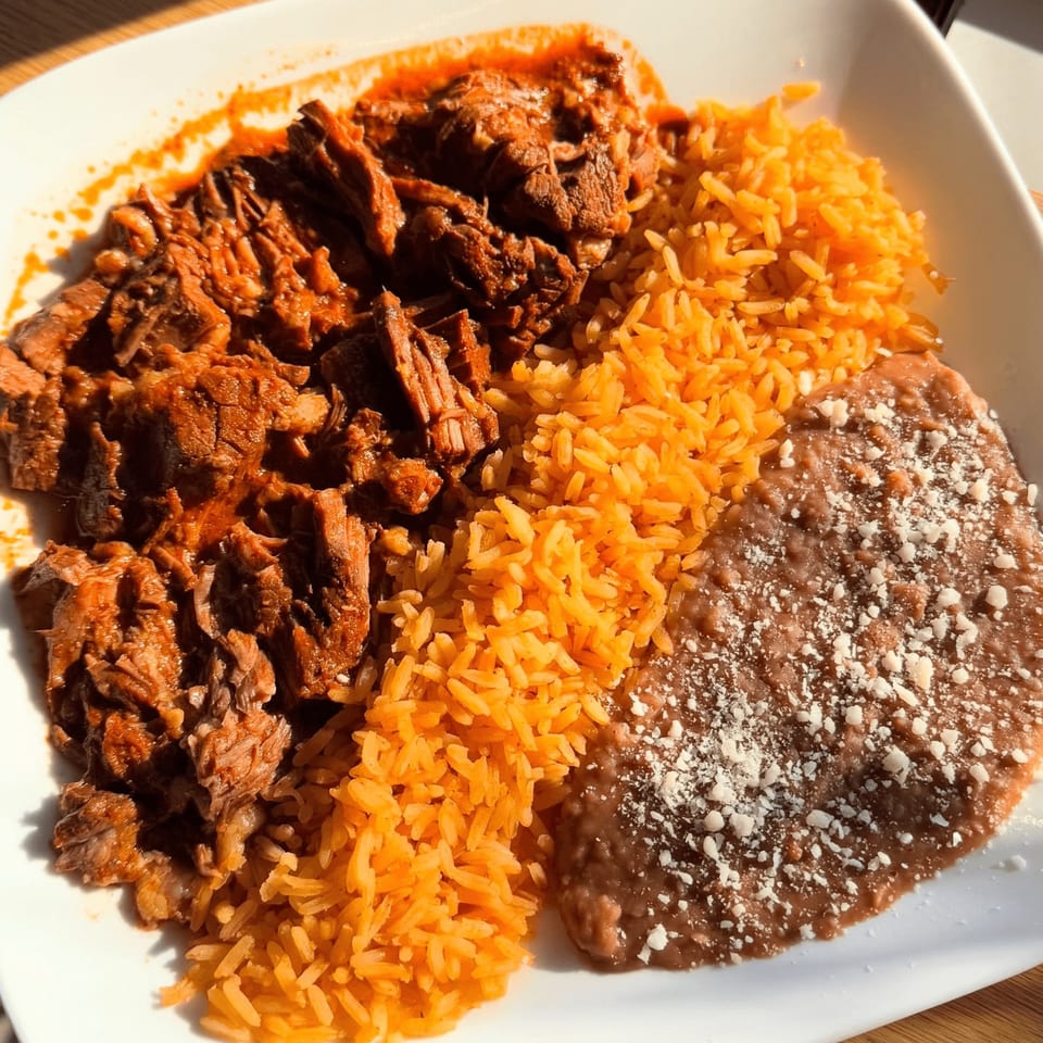 Shredded beef in red sauce, orange rice, and refried beans with cheese on a white plate.